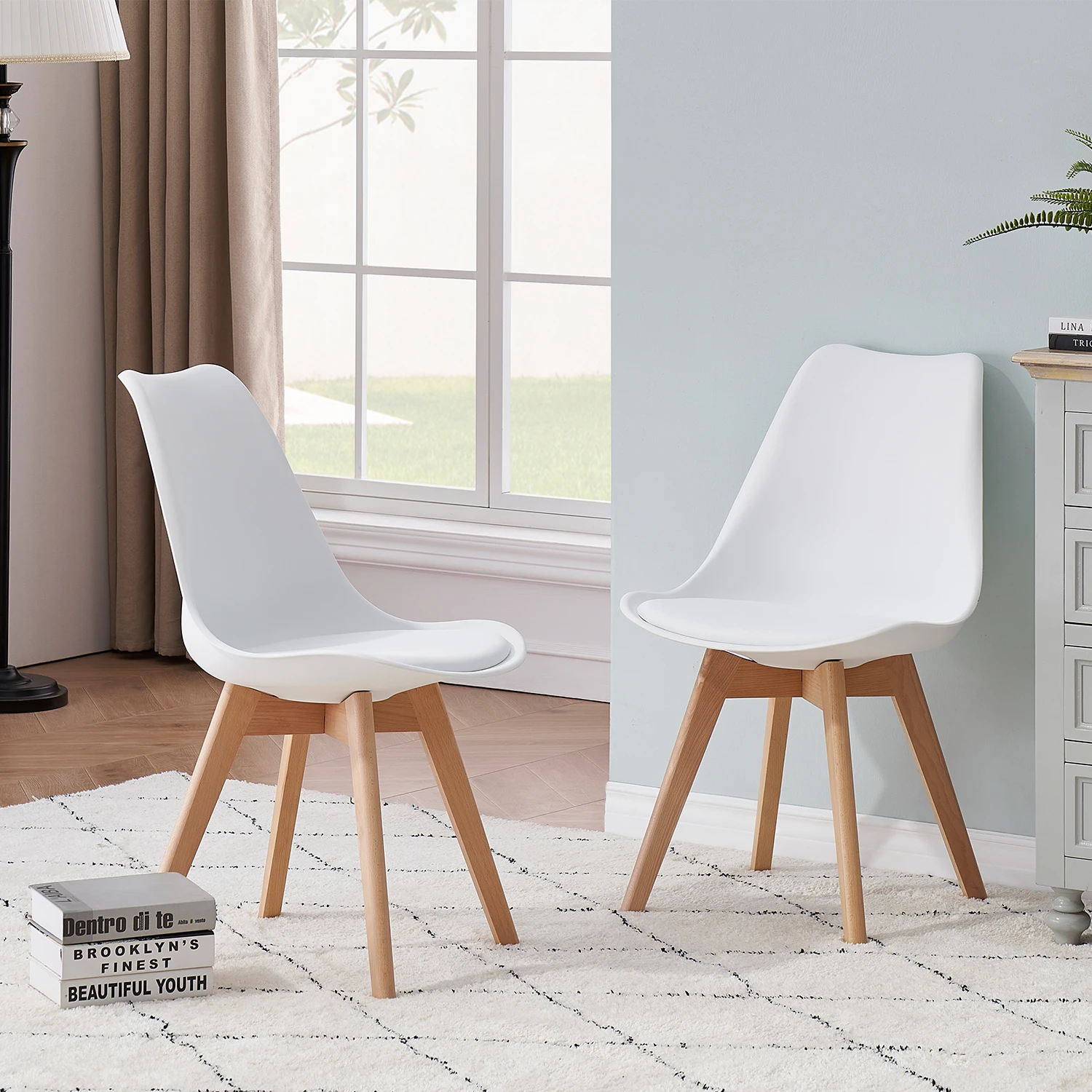 A Set of 6 Nordic Medieval Dining Chairs PU Padded Seat Beech Wood Legs Desk Chairs for Dining Room Bedroom Balcony Restaurant