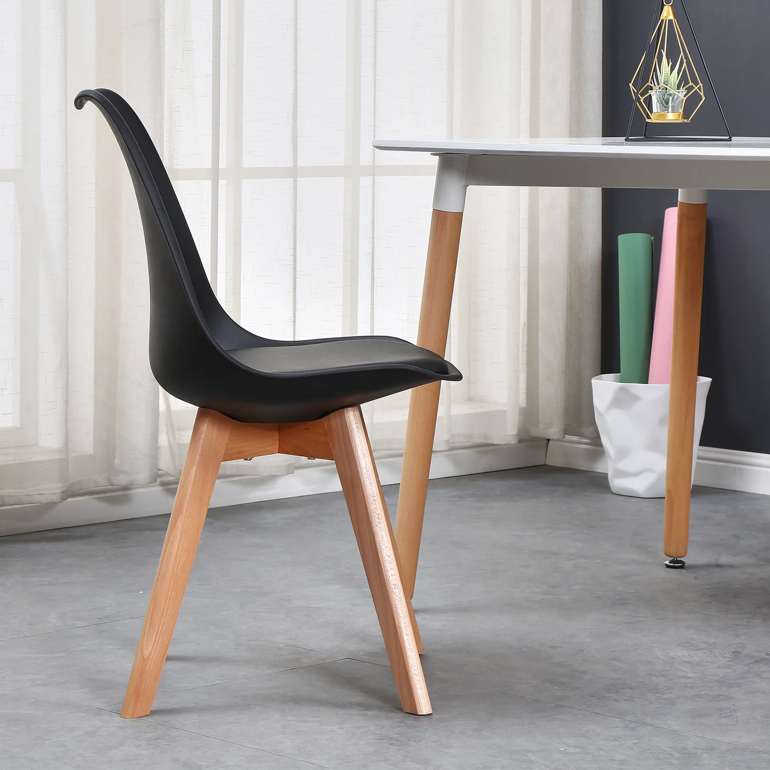 A Set of 6 Nordic Medieval Dining Chairs PU Padded Seat Beech Wood Legs Desk Chairs for Dining Room Bedroom Balcony Restaurant