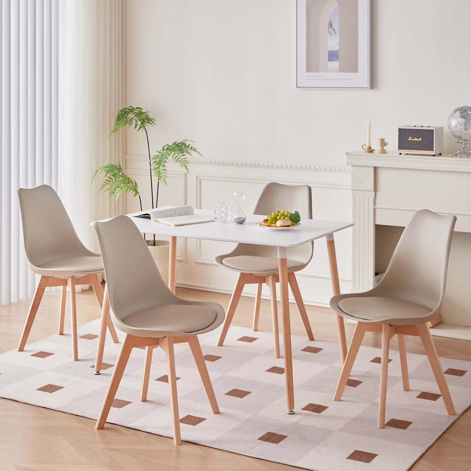 A Set of 6 Nordic Medieval Dining Chairs PU Padded Seat Beech Wood Legs Desk Chairs for Dining Room Bedroom Balcony Restaurant