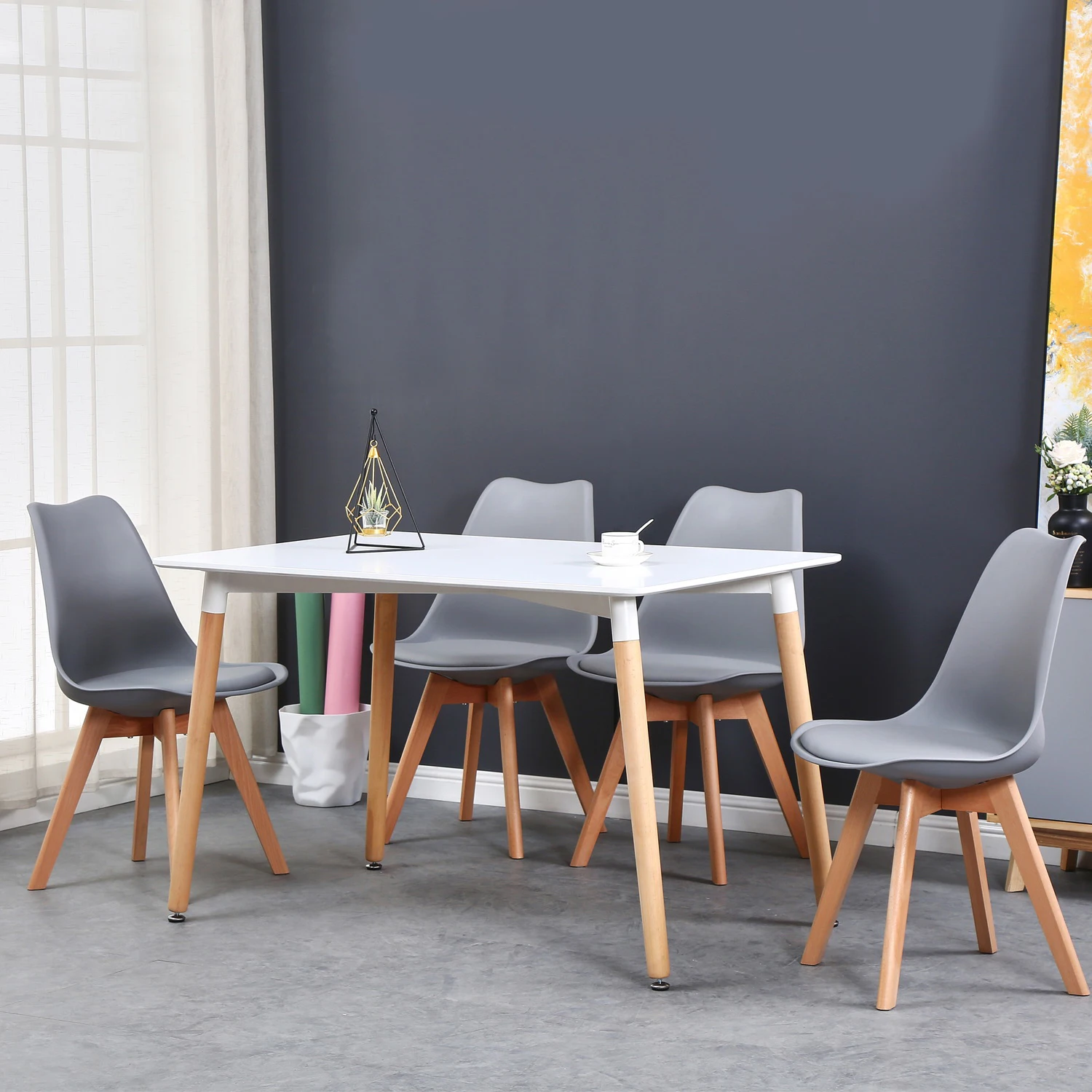 A Set of 6 Nordic Medieval Dining Chairs PU Padded Seat Beech Wood Legs Desk Chairs for Dining Room Bedroom Balcony Restaurant