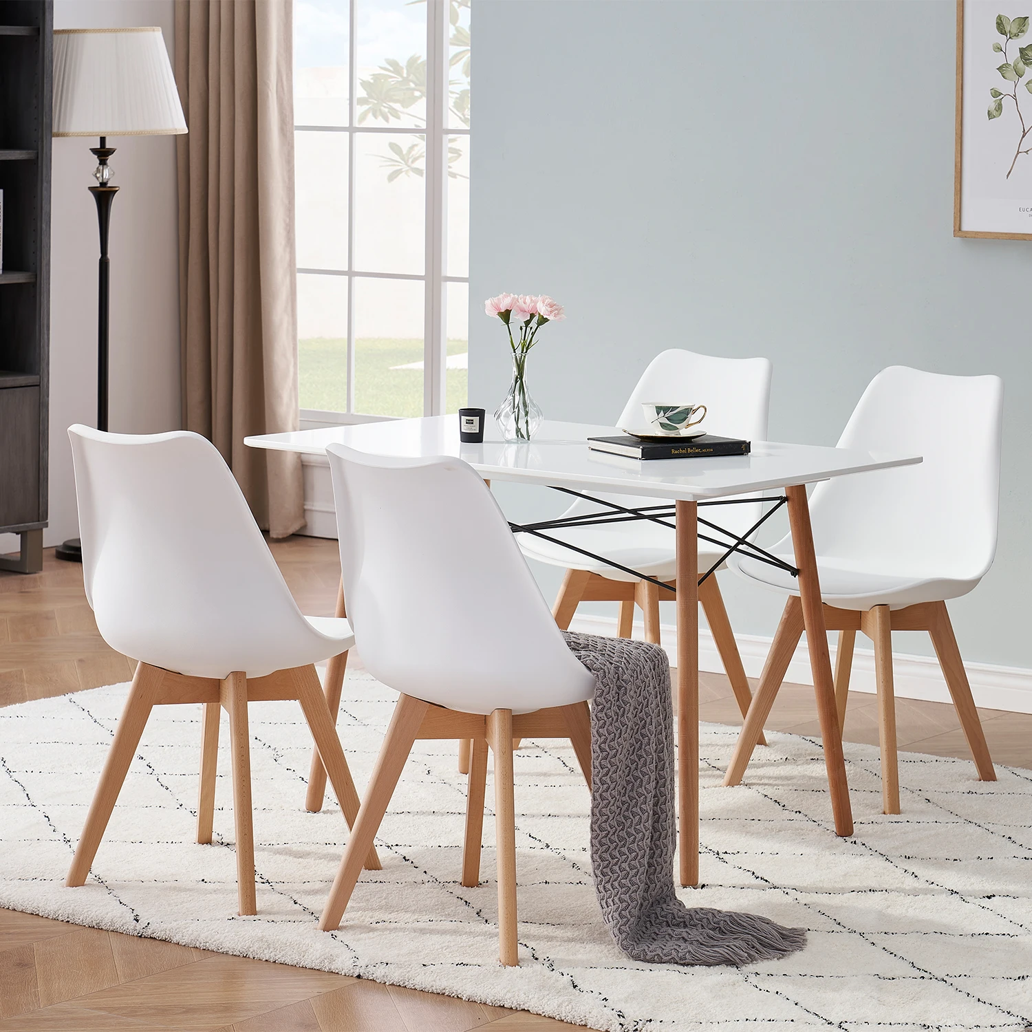 A Set of 6 Nordic Medieval Dining Chairs PU Padded Seat Beech Wood Legs Desk Chairs for Dining Room Bedroom Balcony Restaurant