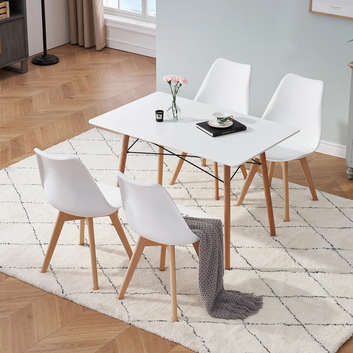 A Set of 6 Nordic Medieval Dining Chairs PU Padded Seat Beech Wood Legs Desk Chairs for Dining Room Bedroom Balcony Restaurant