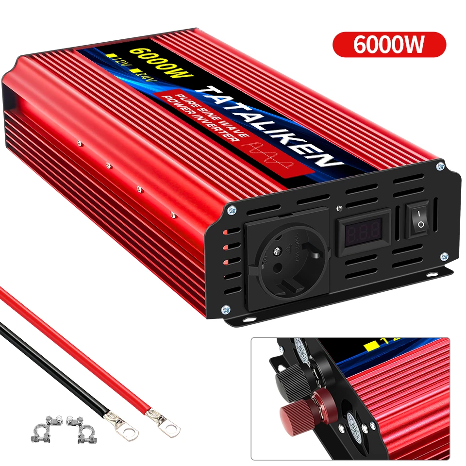 Inverter Pure Sine Wave Power Inverter 10000W DC 12V to AC 220V/230V Converter LED Display and EU Socket