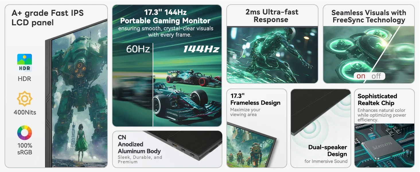 UPERFECT 2K 144Hz Portable Monitor 17.3 Inch 400Nits 2560x1440P IPS Screen For Gaming Travel Laptop PC PS4/5 Switch HDR Display