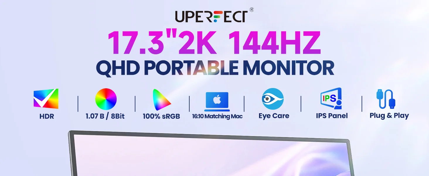 UPERFECT 2K 144Hz Portable Monitor 17.3 Inch 400Nits 2560x1440P IPS Screen For Gaming Travel Laptop PC PS4/5 Switch HDR Display