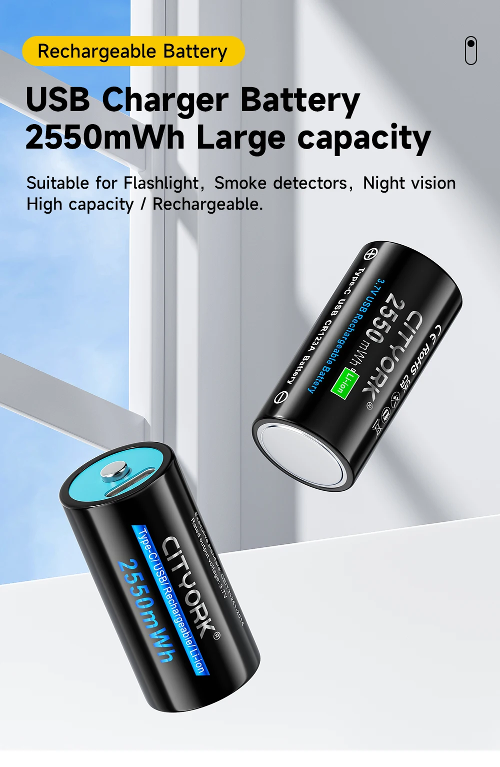 CITYORK CR123A Battery 2550mWh 3.7V Rechargeable Li-ion 16340 Batteries 16350 RCR123 Batter For LED Flashlight +USB Type-c Cable