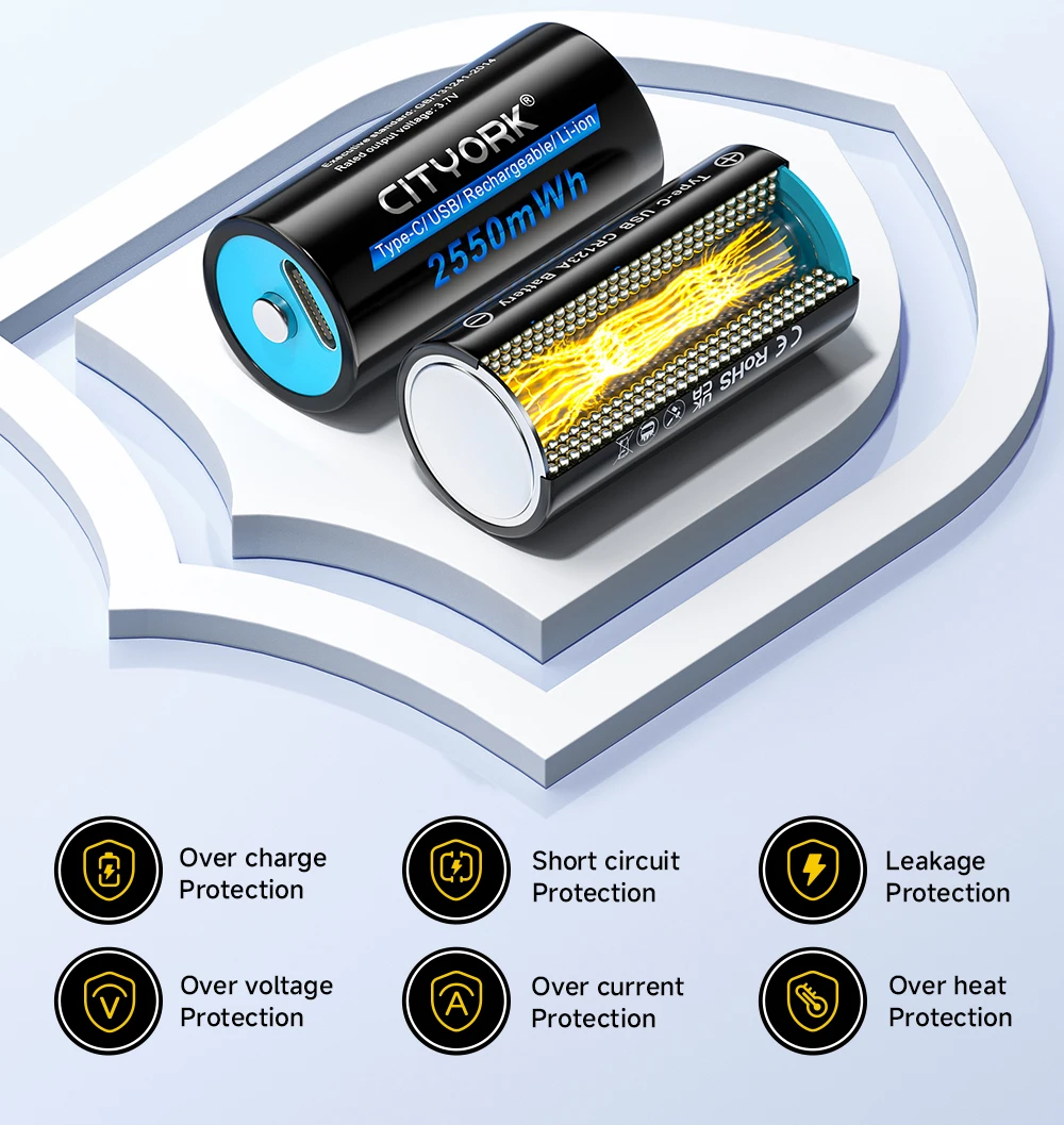 CITYORK CR123A Battery 2550mWh 3.7V Rechargeable Li-ion 16340 Batteries 16350 RCR123 Batter For LED Flashlight +USB Type-c Cable