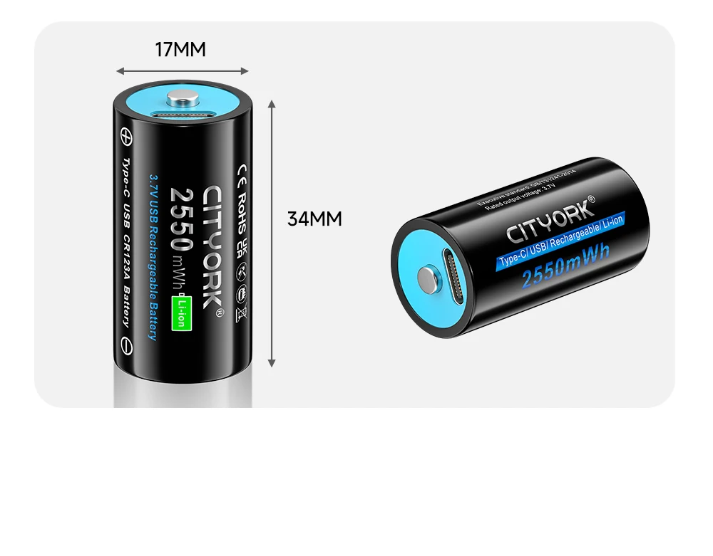 CITYORK CR123A Battery 2550mWh 3.7V Rechargeable Li-ion 16340 Batteries 16350 RCR123 Batter For LED Flashlight +USB Type-c Cable