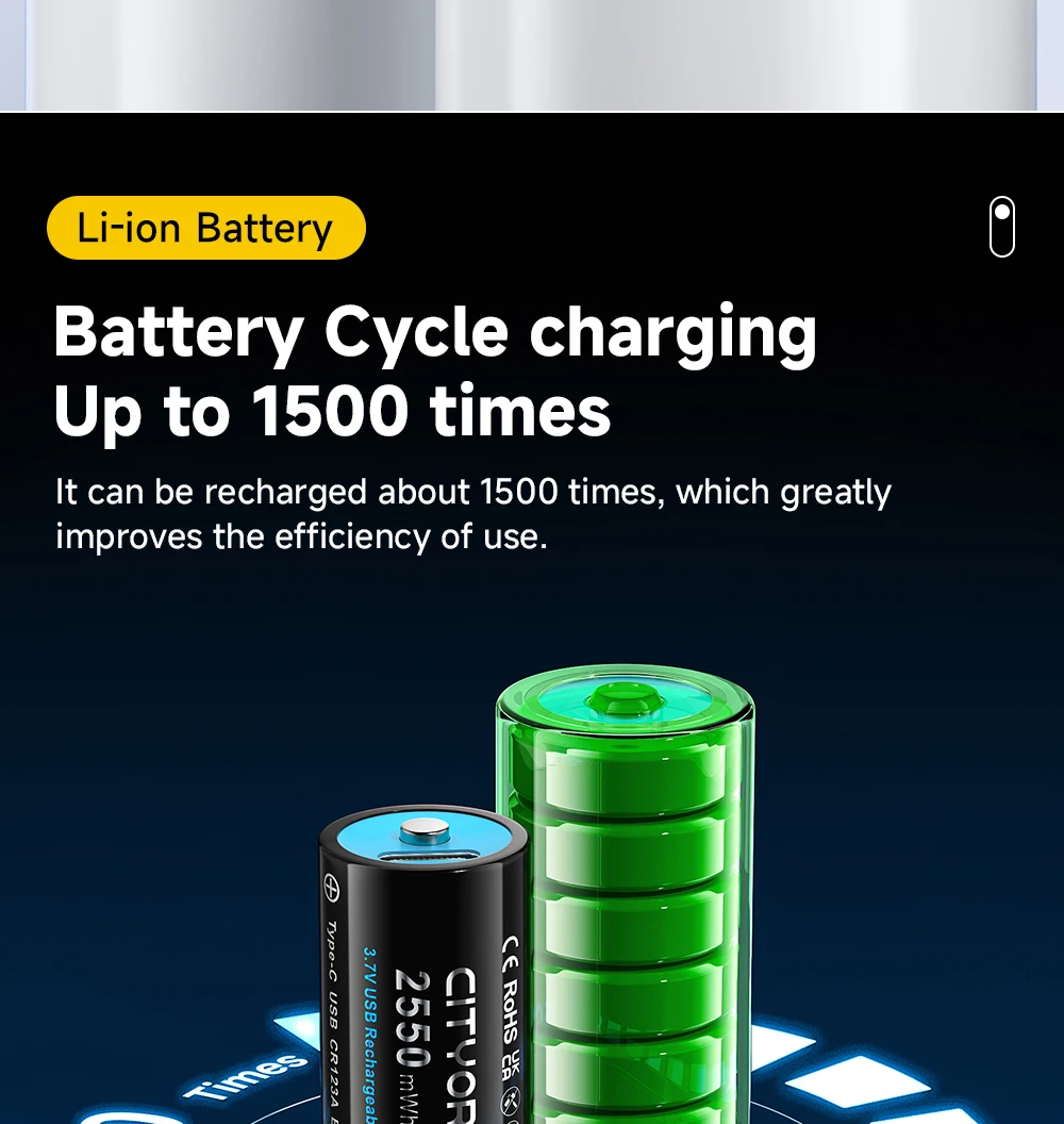 CITYORK CR123A Battery 2550mWh 3.7V Rechargeable Li-ion 16340 Batteries 16350 RCR123 Batter For LED Flashlight +USB Type-c Cable