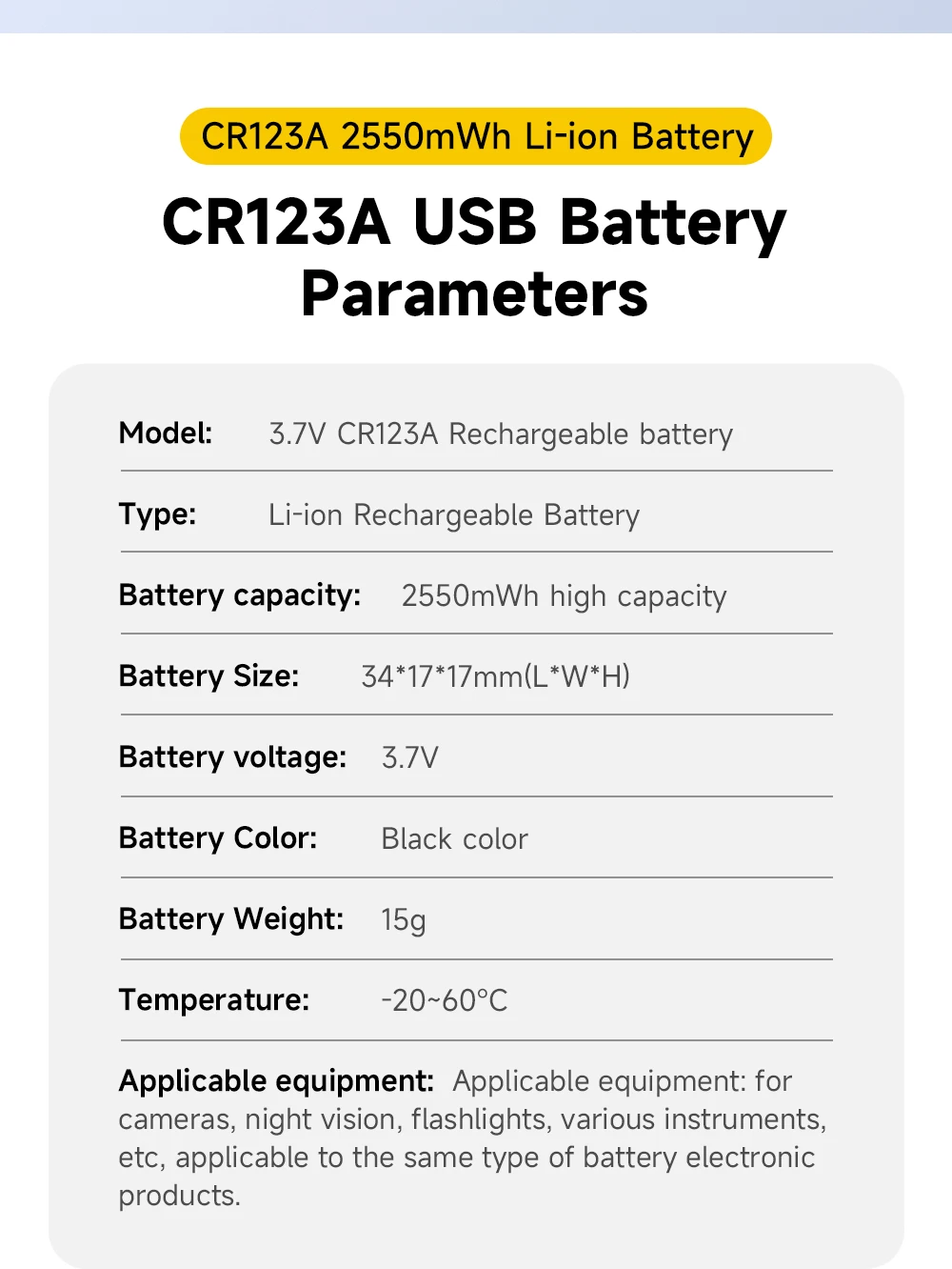 CITYORK CR123A Battery 2550mWh 3.7V Rechargeable Li-ion 16340 Batteries 16350 RCR123 Batter For LED Flashlight +USB Type-c Cable