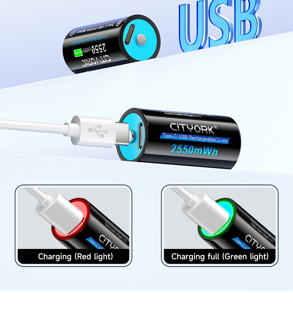 CITYORK CR123A Battery 2550mWh 3.7V Rechargeable Li-ion 16340 Batteries 16350 RCR123 Batter For LED Flashlight +USB Type-c Cable