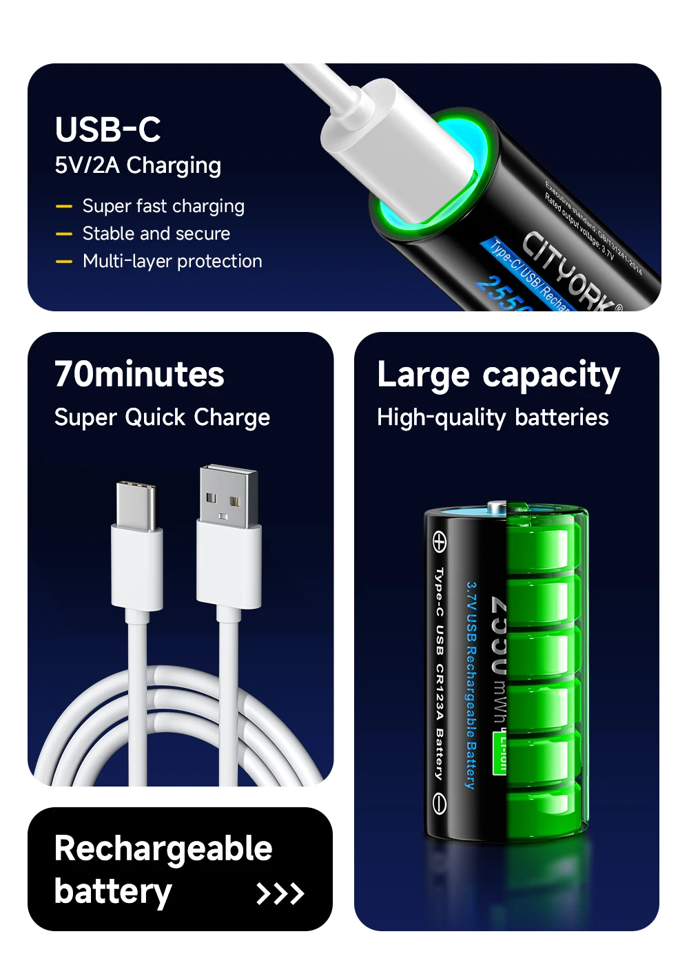 CITYORK CR123A Battery 2550mWh 3.7V Rechargeable Li-ion 16340 Batteries 16350 RCR123 Batter For LED Flashlight +USB Type-c Cable