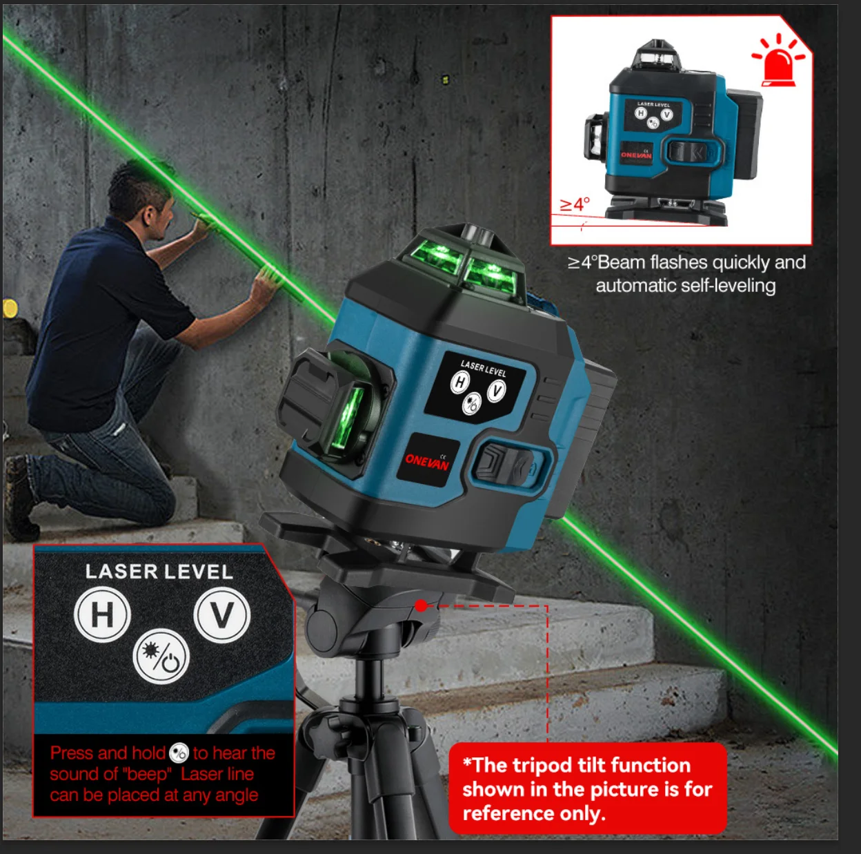 ONEVAN 360° Self-Leveling 16 Lines 4D Laser Level Green Line Horizontal & Vertical Powerful Laser Level Green Beam Laser Level