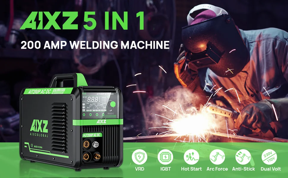 AIXZ 220V 200A 5 in 1 AC/DC TIG Aluminum Welding Machine ARC MMA/Pulse HF TIG Multi-process Welder 2T/4T Spot Hot Start Arc Force Anti-Stick VRD IGBT Inverter Welders AIT200P