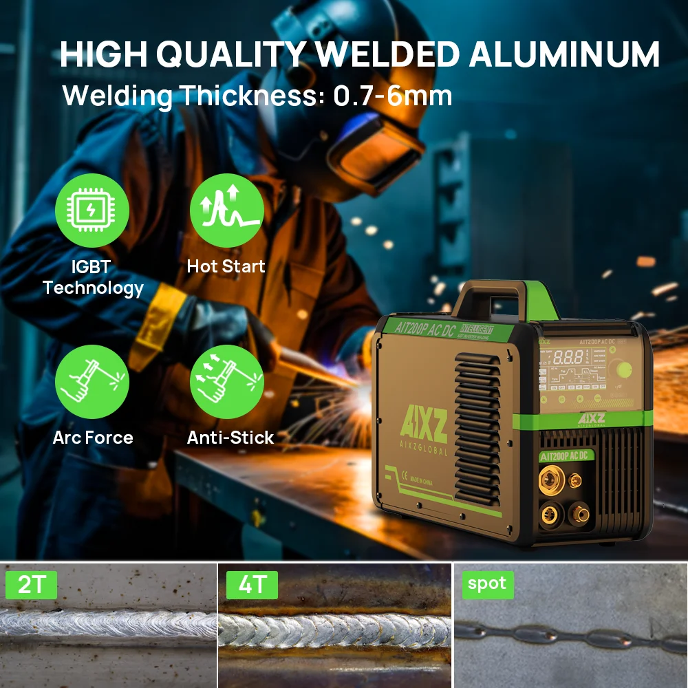 AIXZ 220V 200A 5 in 1 AC/DC TIG Aluminum Welding Machine ARC MMA/Pulse HF TIG Multi-process Welder 2T/4T Spot Hot Start Arc Force Anti-Stick VRD IGBT Inverter Welders AIT200P