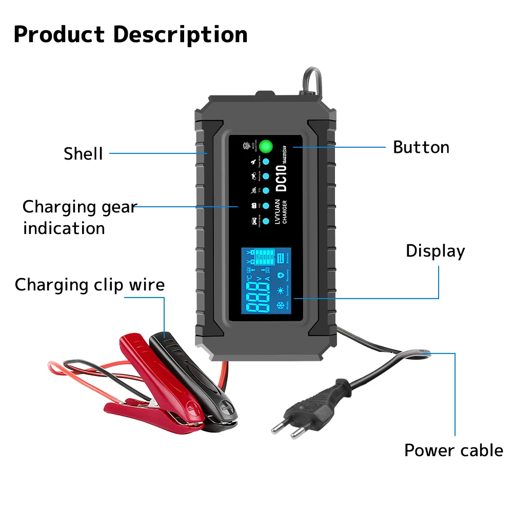 10A Smart Car Battery Chargers 12V 24V Automotive Charger Battery Trickle Charger For Lead-Acid Batteries