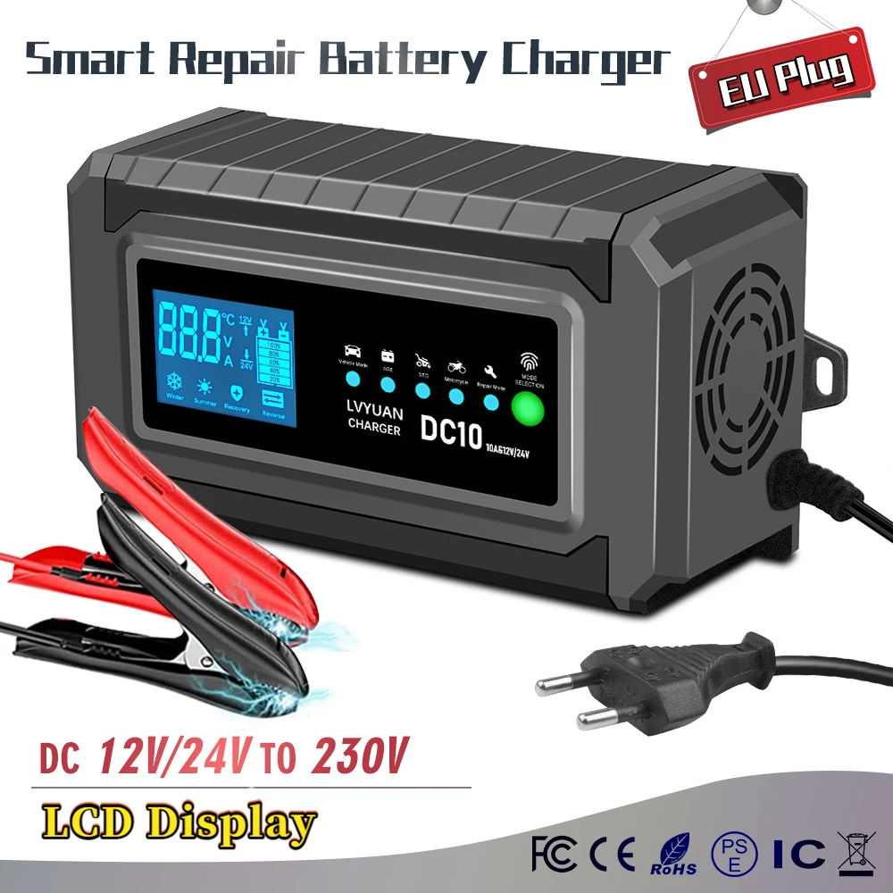 10A Smart Car Battery Chargers 12V 24V Automotive Charger Battery Trickle Charger For Lead-Acid Batteries