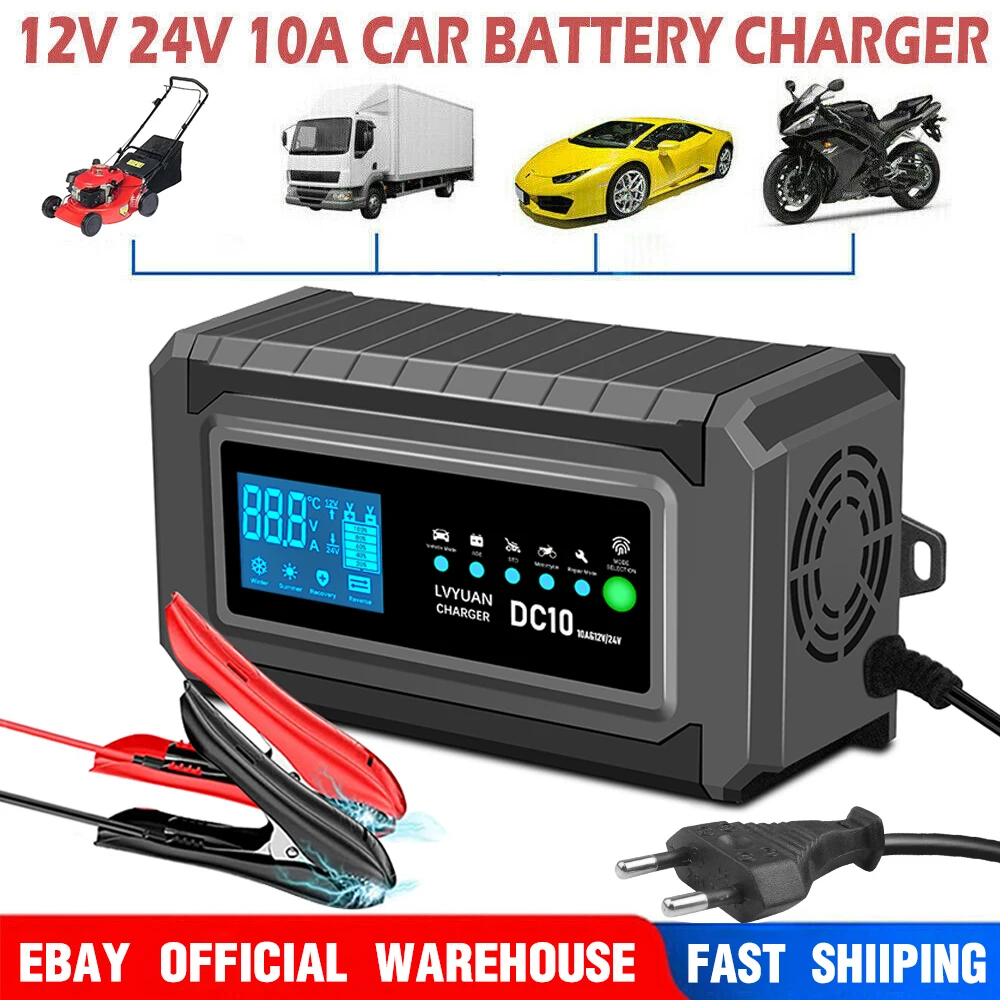 10A Smart Car Battery Chargers 12V 24V Automotive Charger Battery Trickle Charger For Lead-Acid Batteries