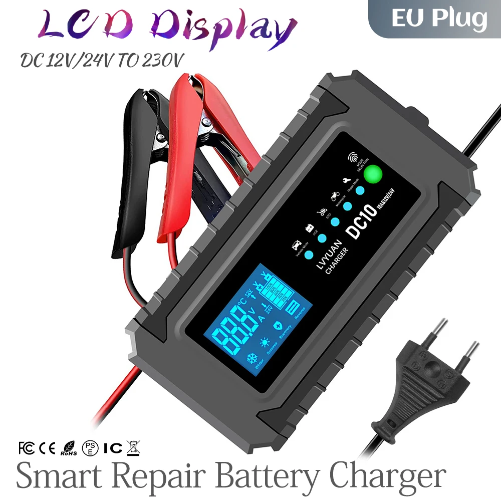 10A Smart Car Battery Chargers 12V 24V Automotive Charger Battery Trickle Charger For Lead-Acid Batteries