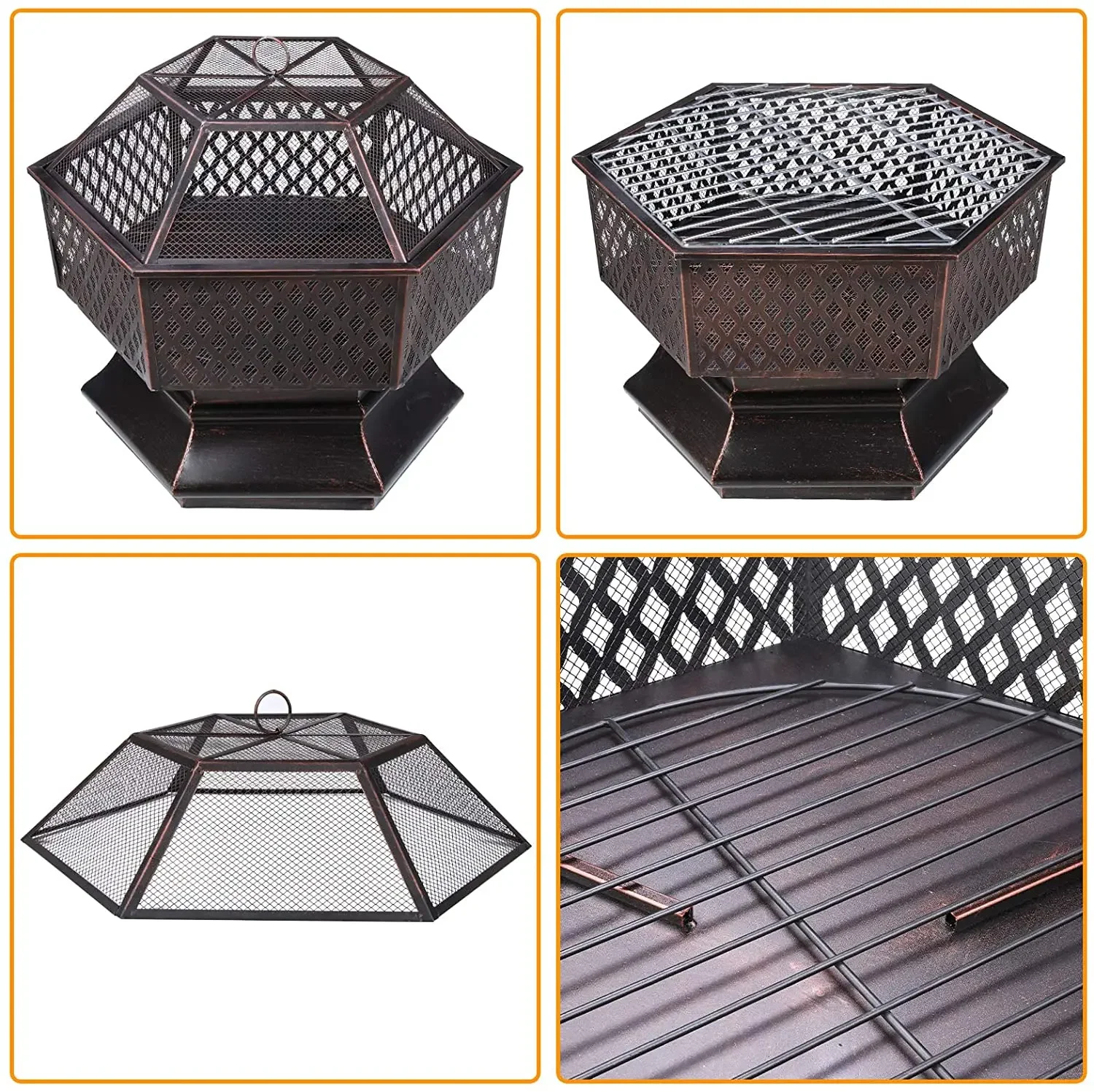 26'' Fire Bowl with Spark Protection and Grill Grate, Outdoor Fire Pit for the Garden, 4-in-1 BBQ Grill with Cover, Poker