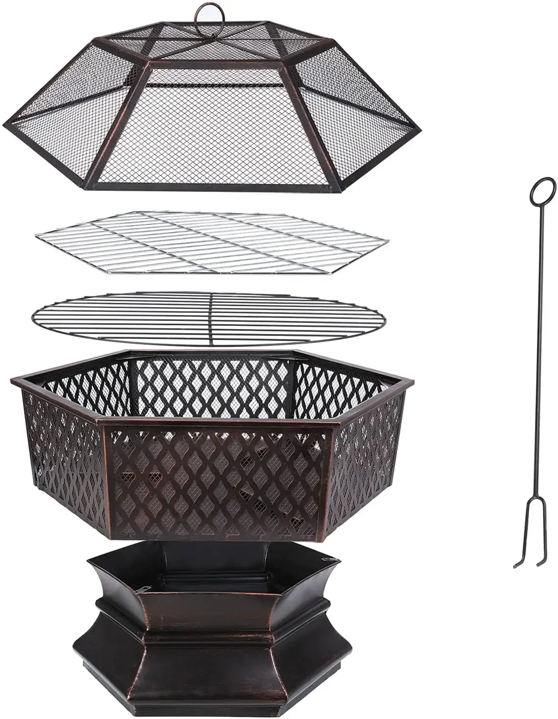 26'' Fire Bowl with Spark Protection and Grill Grate, Outdoor Fire Pit for the Garden, 4-in-1 BBQ Grill with Cover, Poker