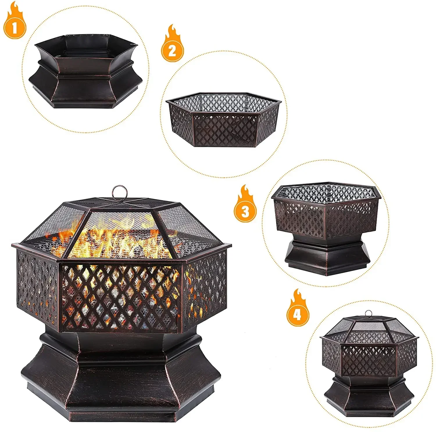 26'' Fire Bowl with Spark Protection and Grill Grate, Outdoor Fire Pit for the Garden, 4-in-1 BBQ Grill with Cover, Poker
