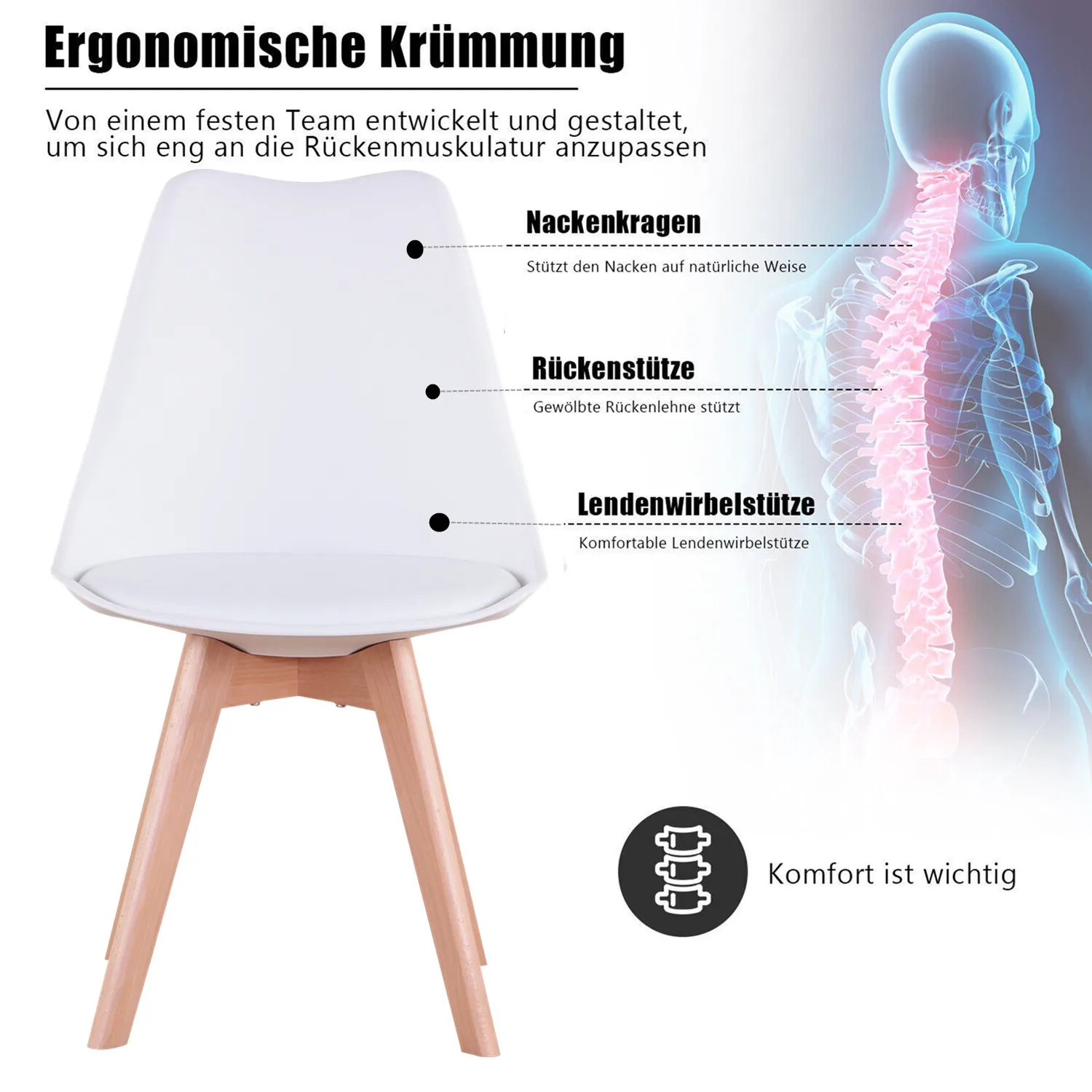 EGOONM Set of 4 Nordic Dining Chairs Inspired Solid Wood Plastic Padded Seat PU Cushion for Living Room Office Furniture Home