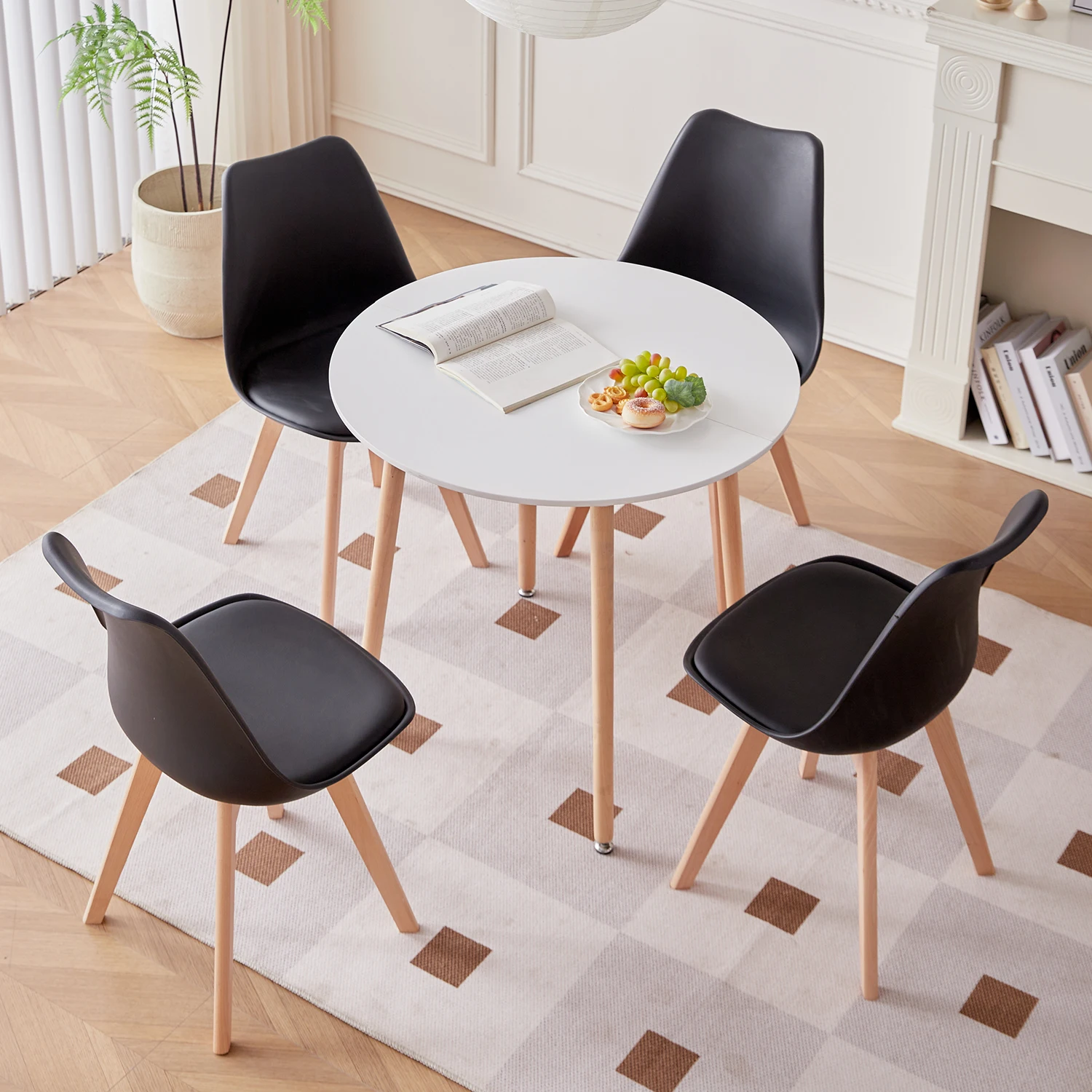 EGOONM Set of 4 Nordic Dining Chairs Inspired Solid Wood Plastic Padded Seat PU Cushion for Living Room Office Furniture Home
