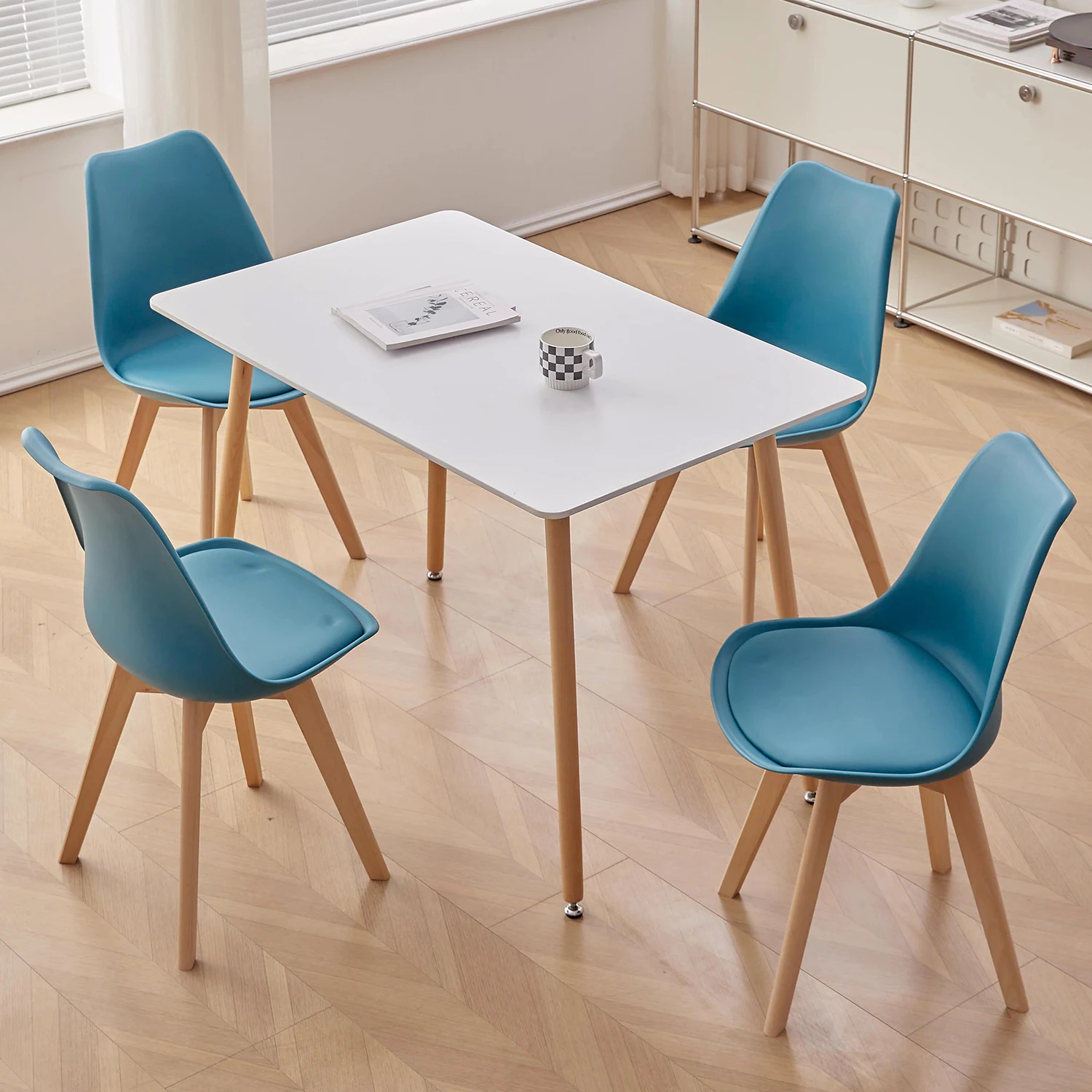 EGOONM Set of 4 Nordic Dining Chairs Inspired Solid Wood Plastic Padded Seat PU Cushion for Living Room Office Furniture Home
