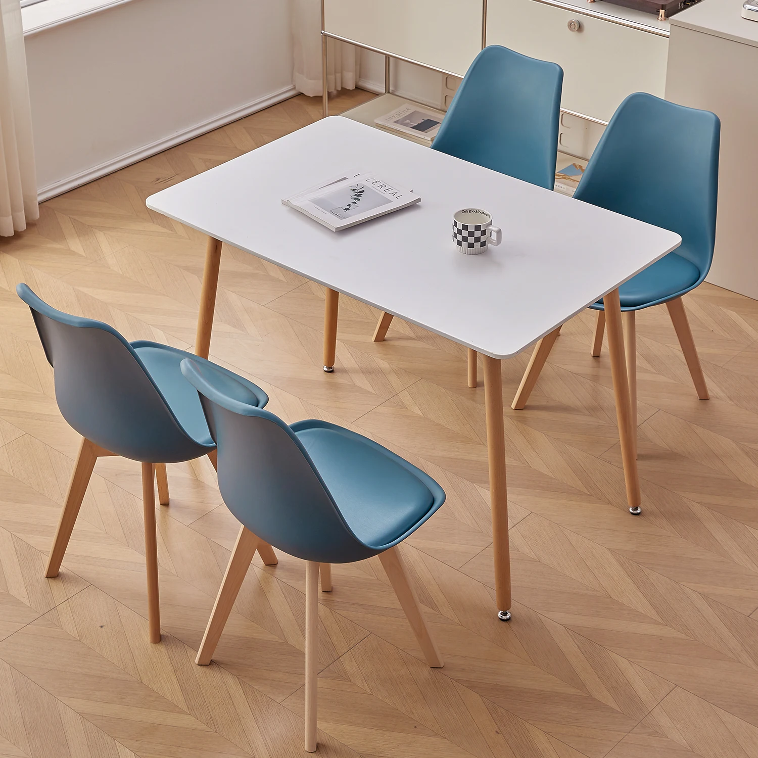 EGOONM Set of 4 Nordic Dining Chairs Inspired Solid Wood Plastic Padded Seat PU Cushion for Living Room Office Furniture Home