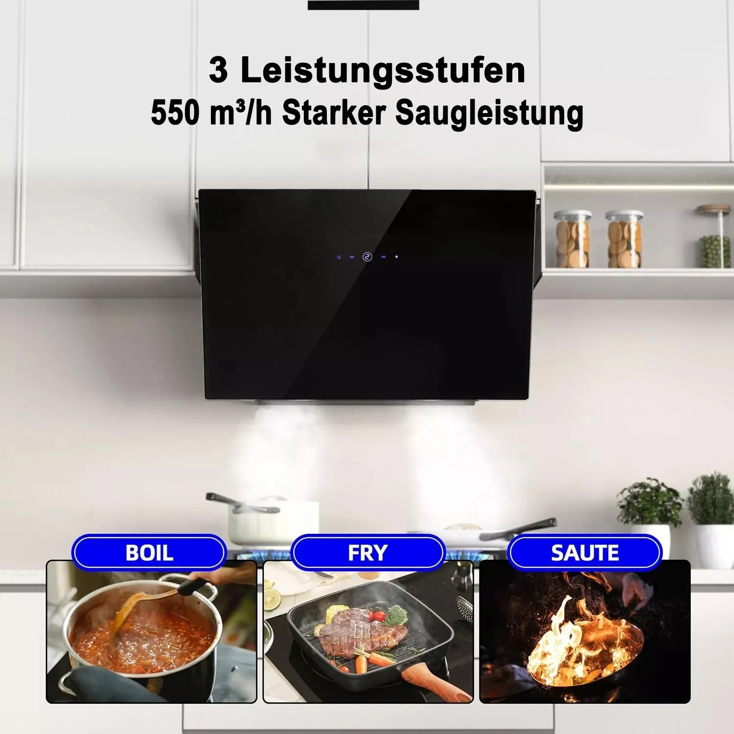 Extractor Wall 60cm Exhaust Air Recirculation Touch Display glass A++ LEDs Kitchen Hood YYWH0460