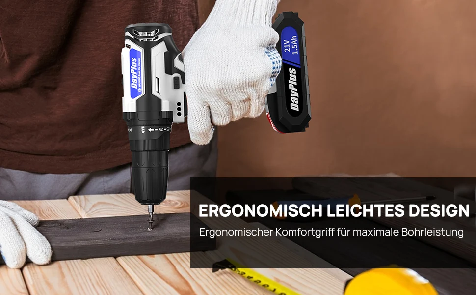 DayPlus 21V Cordless Drill Driver,Electric Cordless Screwdriver 45Nm with 1500mAh Battery, 2 Speeds, 29CS Accessories