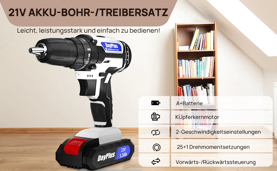 DayPlus 21V Cordless Drill Driver,Electric Cordless Screwdriver 45Nm with 1500mAh Battery, 2 Speeds, 29CS Accessories