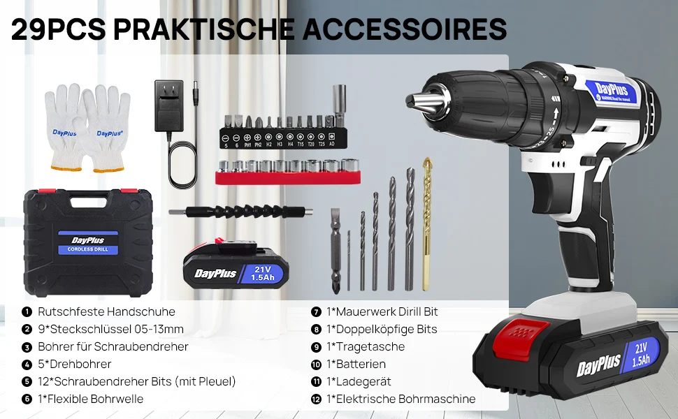 DayPlus 21V Cordless Drill Driver,Electric Cordless Screwdriver 45Nm with 1500mAh Battery, 2 Speeds, 29CS Accessories