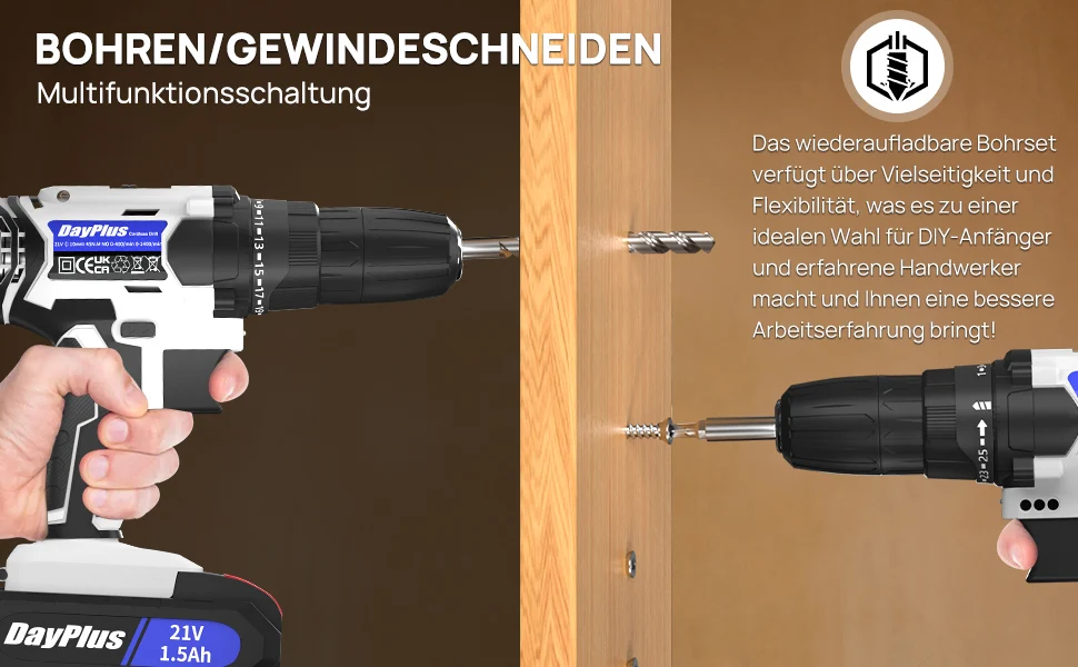 DayPlus 21V Cordless Drill Driver,Electric Cordless Screwdriver 45Nm with 1500mAh Battery, 2 Speeds, 29CS Accessories