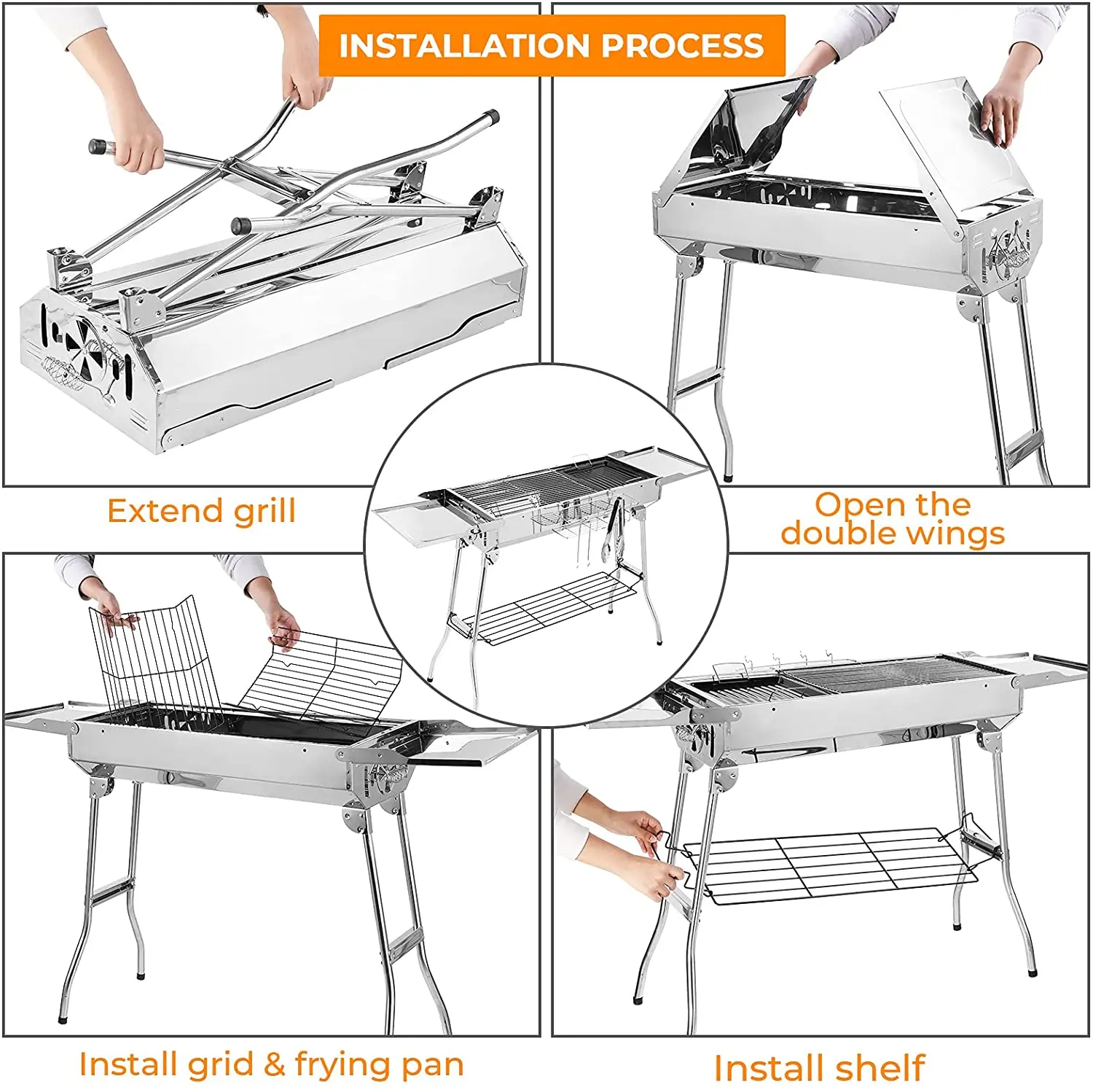 Charcoal Grill Stainless Steel, Portable Camping Grill BBQ with Double Folding Wings, non-stick Pan, Adjustable Ventilation