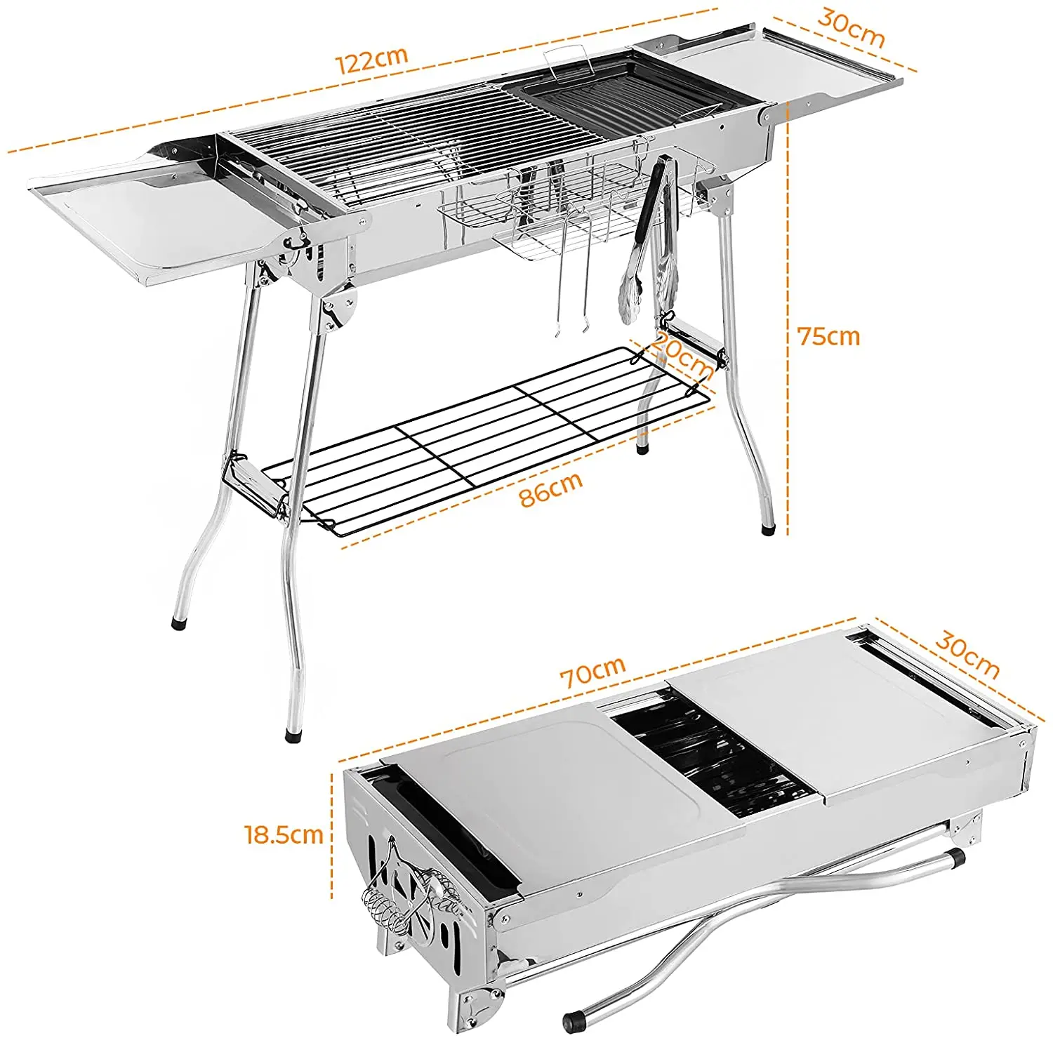 Charcoal Grill Stainless Steel, Portable Camping Grill BBQ with Double Folding Wings, non-stick Pan, Adjustable Ventilation