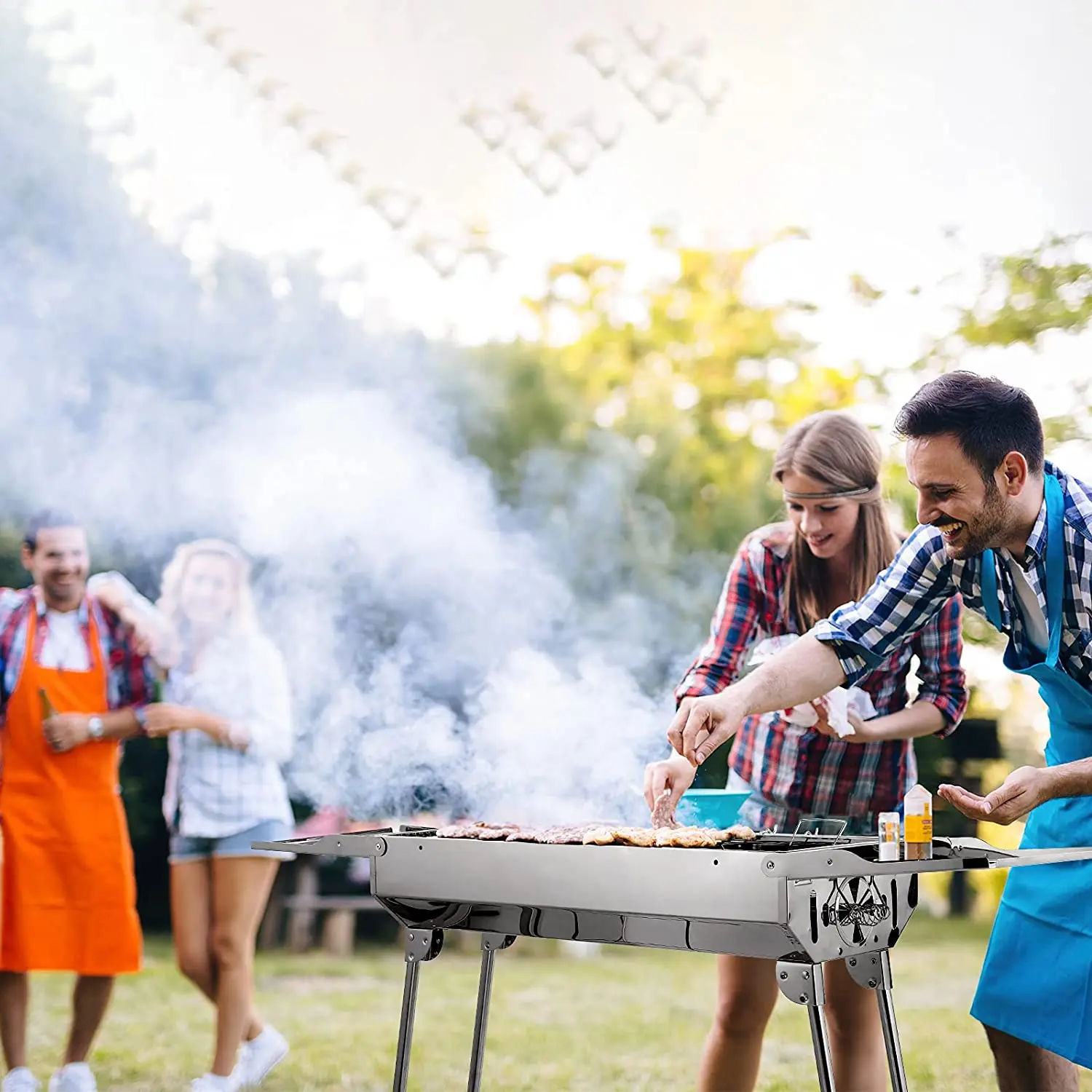 Charcoal Grill Stainless Steel, Portable Camping Grill BBQ with Double Folding Wings, non-stick Pan, Adjustable Ventilation