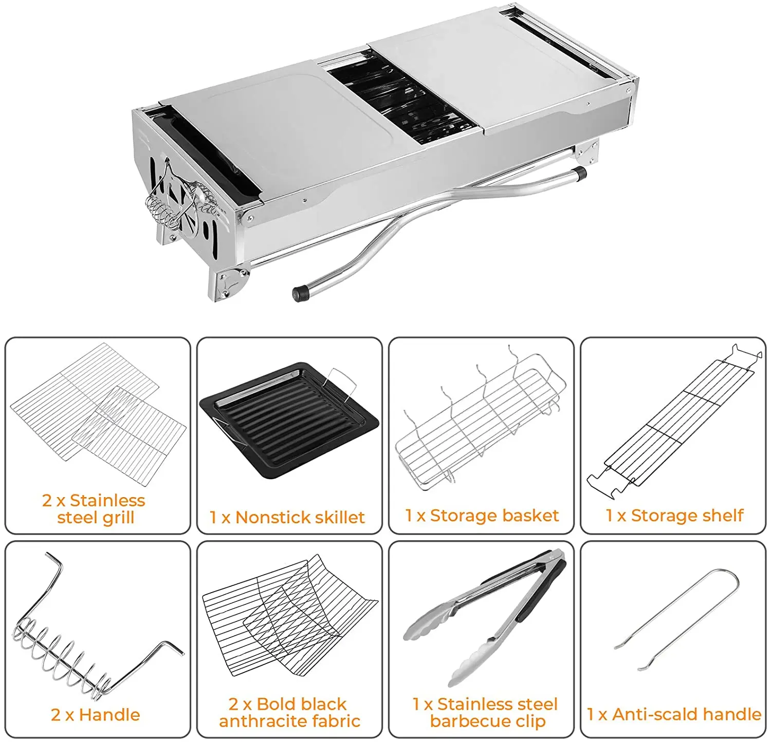 Charcoal Grill Stainless Steel, Portable Camping Grill BBQ with Double Folding Wings, non-stick Pan, Adjustable Ventilation
