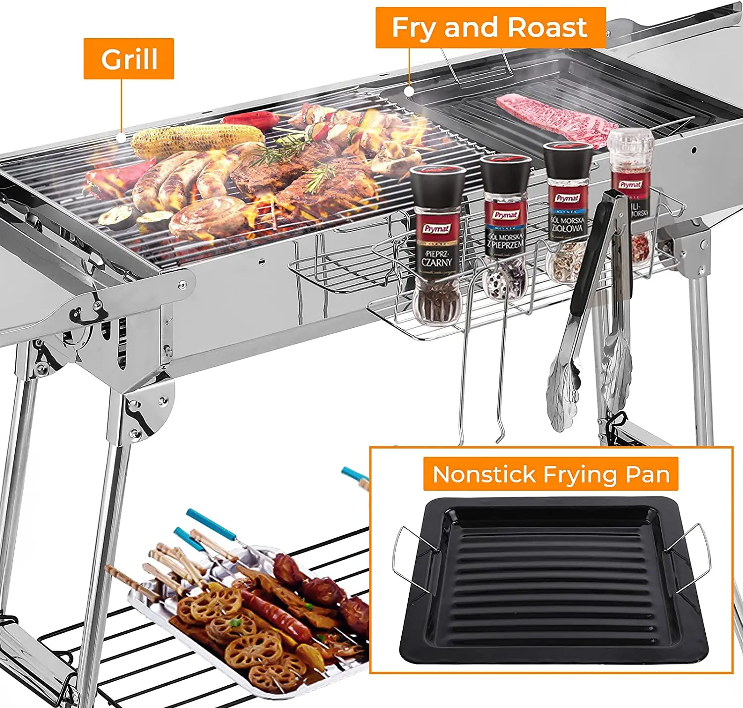 Charcoal Grill Stainless Steel, Portable Camping Grill BBQ with Double Folding Wings, non-stick Pan, Adjustable Ventilation