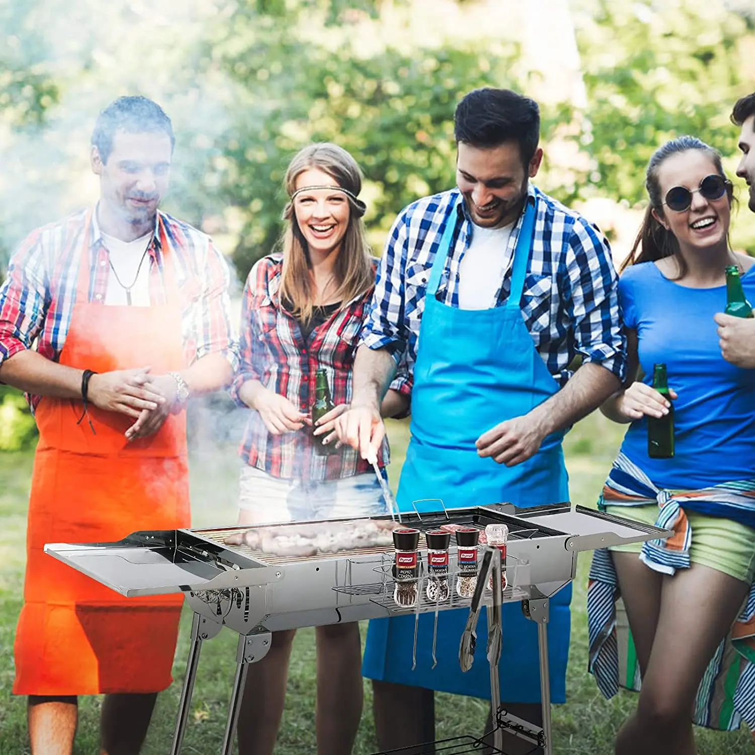 Charcoal Grill Stainless Steel, Portable Camping Grill BBQ with Double Folding Wings, non-stick Pan, Adjustable Ventilation