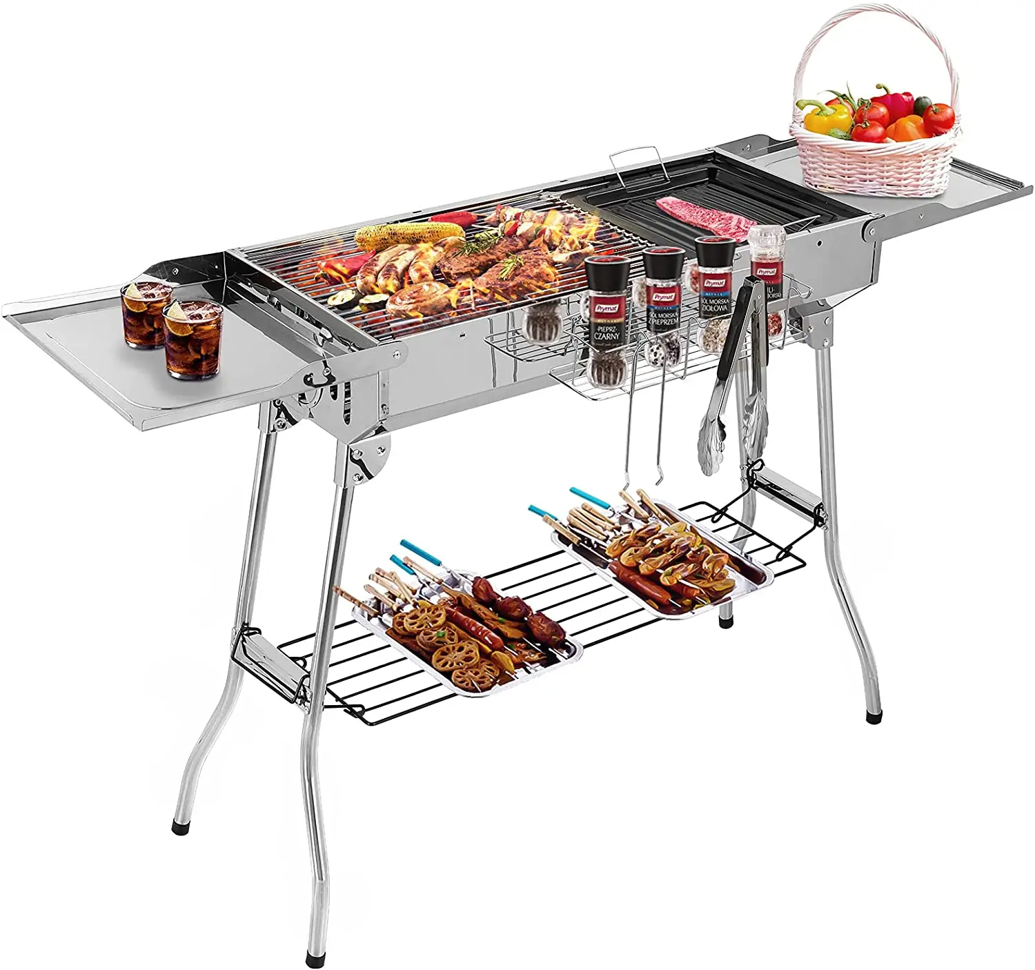 Charcoal Grill Stainless Steel, Portable Camping Grill BBQ with Double Folding Wings, non-stick Pan, Adjustable Ventilation