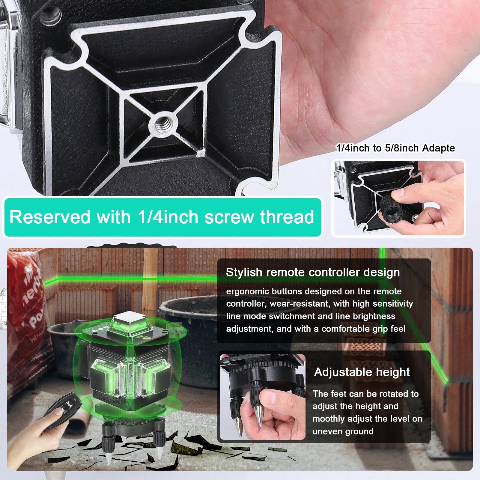 4D 16 Lines Laser Level Tool Vertical Horizontal Lines Multifunctional 3° Self-leveling With Li-ion battery