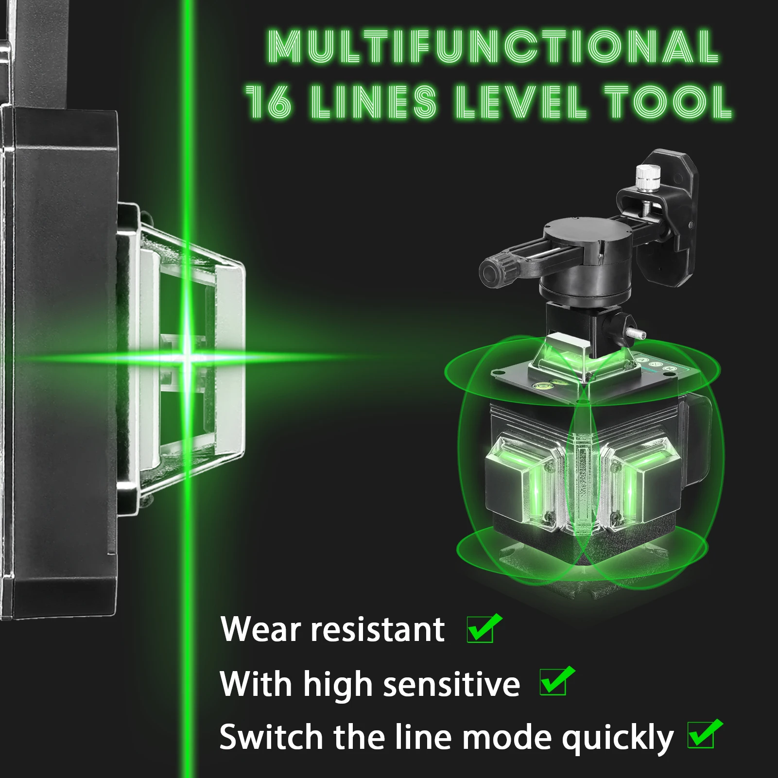 4D 16 Lines Laser Level Tool Vertical Horizontal Lines Multifunctional 3° Self-leveling With Li-ion battery