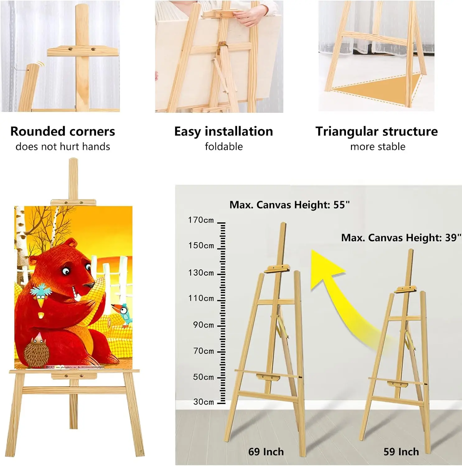 Studio Easel Wooden A-Frame Folding Pine Wood Artist Art Craft Adjustable Display Exhibition for Wedding Painting Art Easel