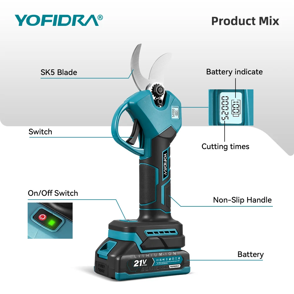 YOFIDRA Brushless Electric Scissors 30MM 2Gears Cordless Fruit Tree Branch Pruner Shear Power Tools For Makita 21V Battery Pin