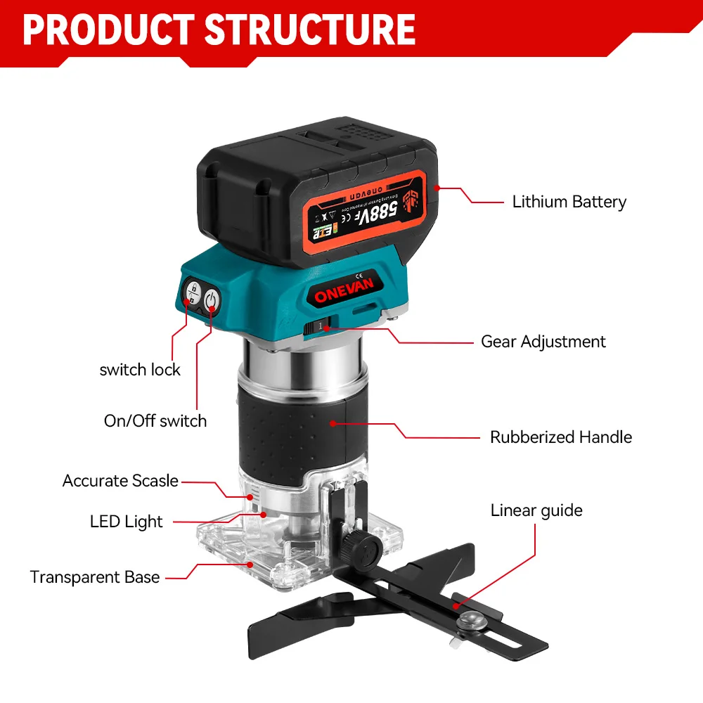 ONEVAN 1600W Brushless Electric Trimmer 5 Gears 6MM 6.35MM 8MM Cordless Engraving Slotting Milling Router For Makita Battery Pin