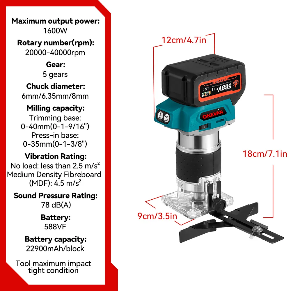 ONEVAN 1600W Brushless Electric Trimmer 5 Gears 6MM 6.35MM 8MM Cordless Engraving Slotting Milling Router For Makita Battery Pin