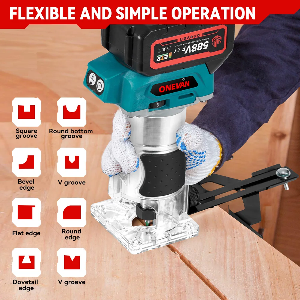ONEVAN 1600W Brushless Electric Trimmer 5 Gears 6MM 6.35MM 8MM Cordless Engraving Slotting Milling Router For Makita Battery Pin