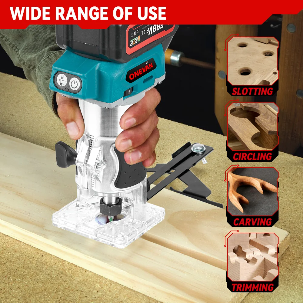 ONEVAN 1600W Brushless Electric Trimmer 5 Gears 6MM 6.35MM 8MM Cordless Engraving Slotting Milling Router For Makita Battery Pin
